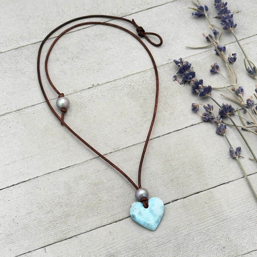 Blue Larimar Heart Necklace | Caribbean Gemstone | Leather & Pearl Jewelry - SunlightSilver