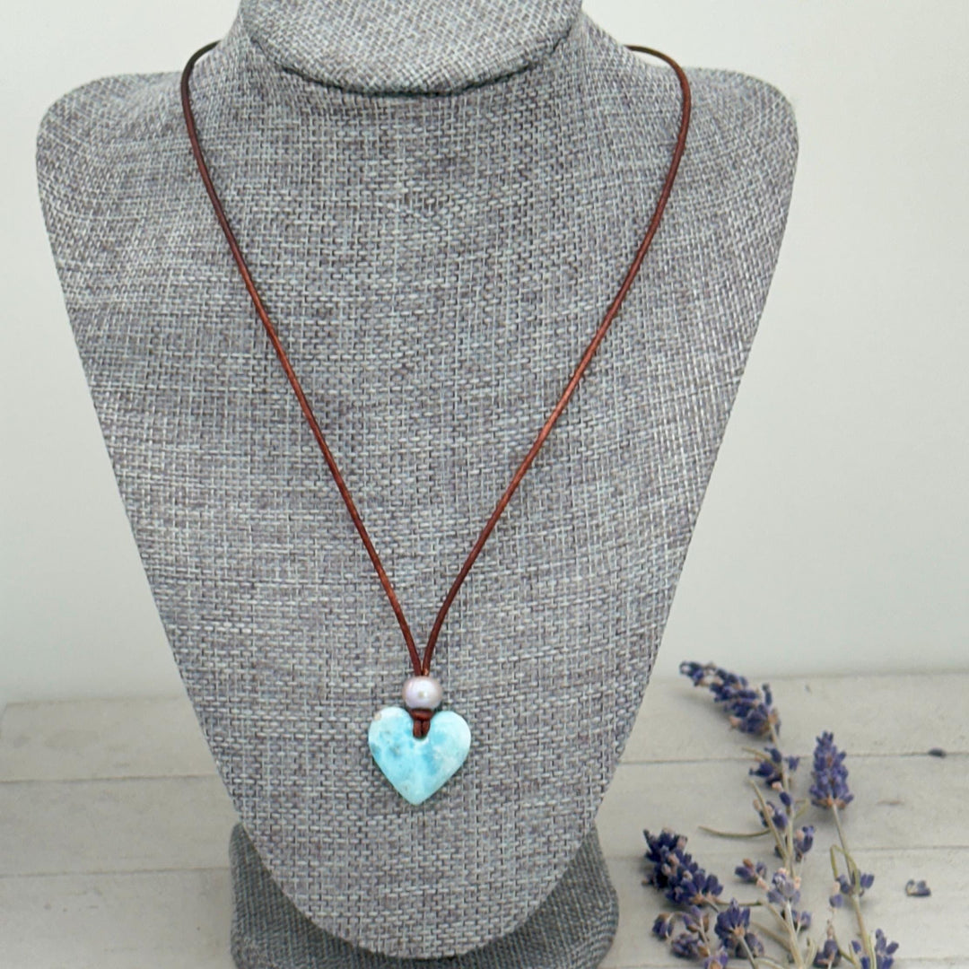 Blue Larimar Heart Necklace | Caribbean Gemstone | Leather & Pearl Jewelry - SunlightSilver
