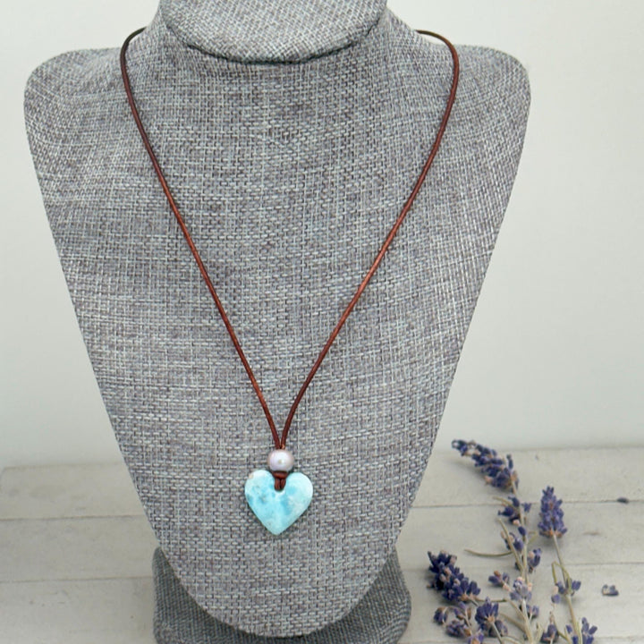 Blue Larimar Heart Necklace | Caribbean Gemstone | Leather & Pearl Jewelry - SunlightSilver