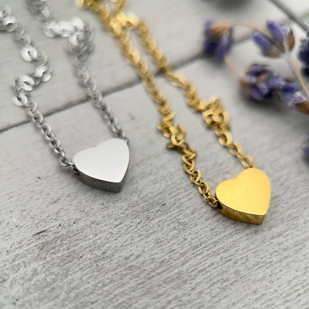 Personalized Heart Necklace • Engraved Stainless Steel Slider Pendant • Custom Name, Date or Symbol • Gold or Silver • USA Made Gift - SunlightSilver