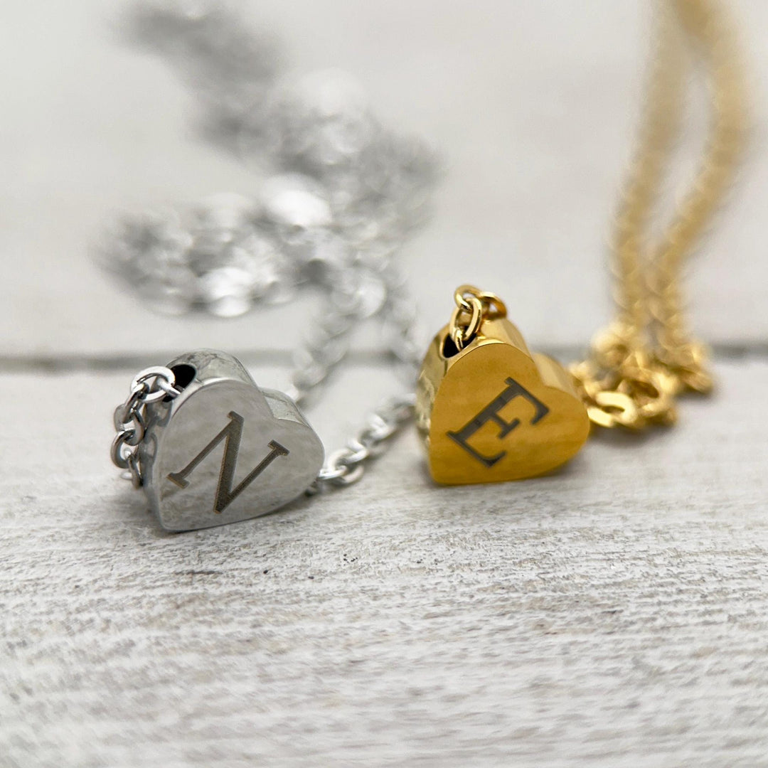 Personalized Heart Necklace • Engraved Stainless Steel Slider Pendant • Custom Name, Date or Symbol • Gold or Silver • USA Made Gift - SunlightSilver