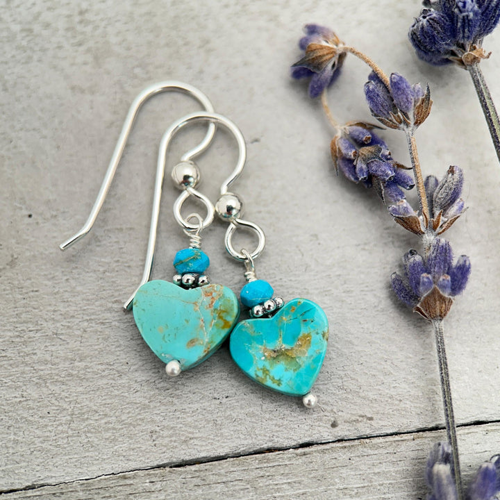 Kingman Turquoise Heart and Sterling Silver Earrings - Love symbol - American Rustic Southwest Turquoise - SunlightSilver