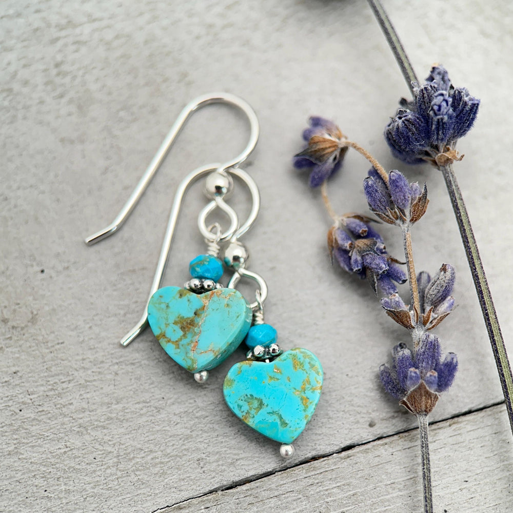 Kingman Turquoise Heart and Sterling Silver Earrings - Love symbol - American Rustic Southwest Turquoise - SunlightSilver