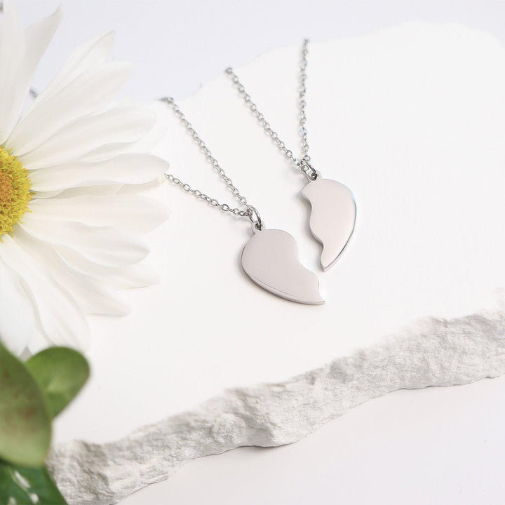 Personalized Best Friends Necklace • Engraved Stainless Split Heart Pendant Set • BFF Custom Name, Phrase, Symbols • Gold or Silver Bestie - SunlightSilver