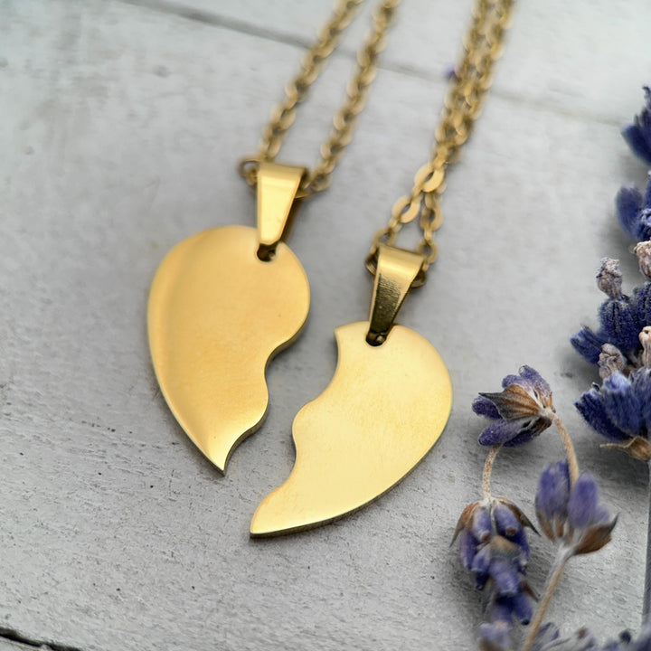 Personalized Best Friends Necklace • Engraved Stainless Split Heart Pendant Set • BFF Custom Name, Phrase, Symbols • Gold or Silver Bestie - SunlightSilver