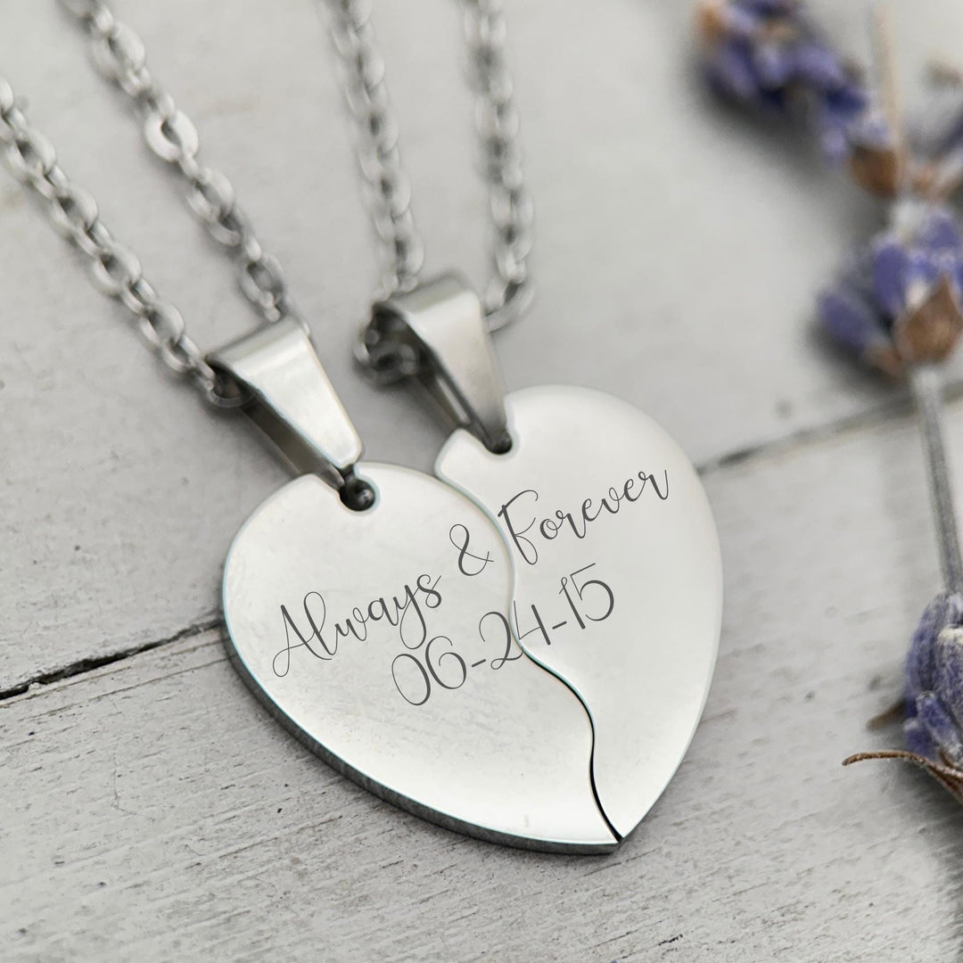 Personalized Best Friends Necklace • Engraved Stainless Split Heart Pendant Set • BFF Custom Name, Phrase, Symbols • Gold or Silver Bestie - SunlightSilver