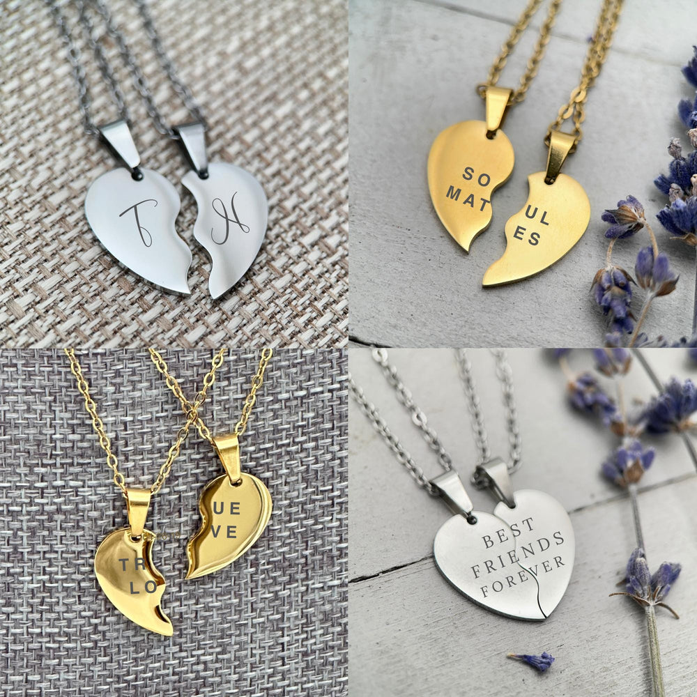 Personalized Best Friends Necklace • Engraved Stainless Split Heart Pendant Set • BFF Custom Name, Phrase, Symbols • Gold or Silver Bestie - SunlightSilver