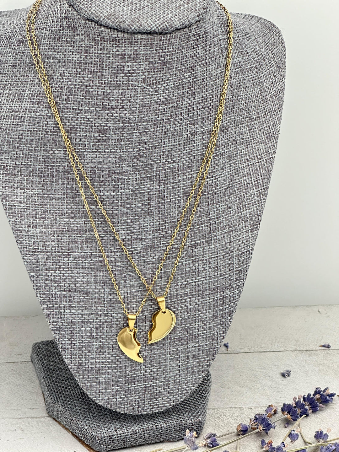 Personalized Best Friends Necklace • Engraved Stainless Split Heart Pendant Set • BFF Custom Name, Phrase, Symbols • Gold or Silver Bestie - SunlightSilver