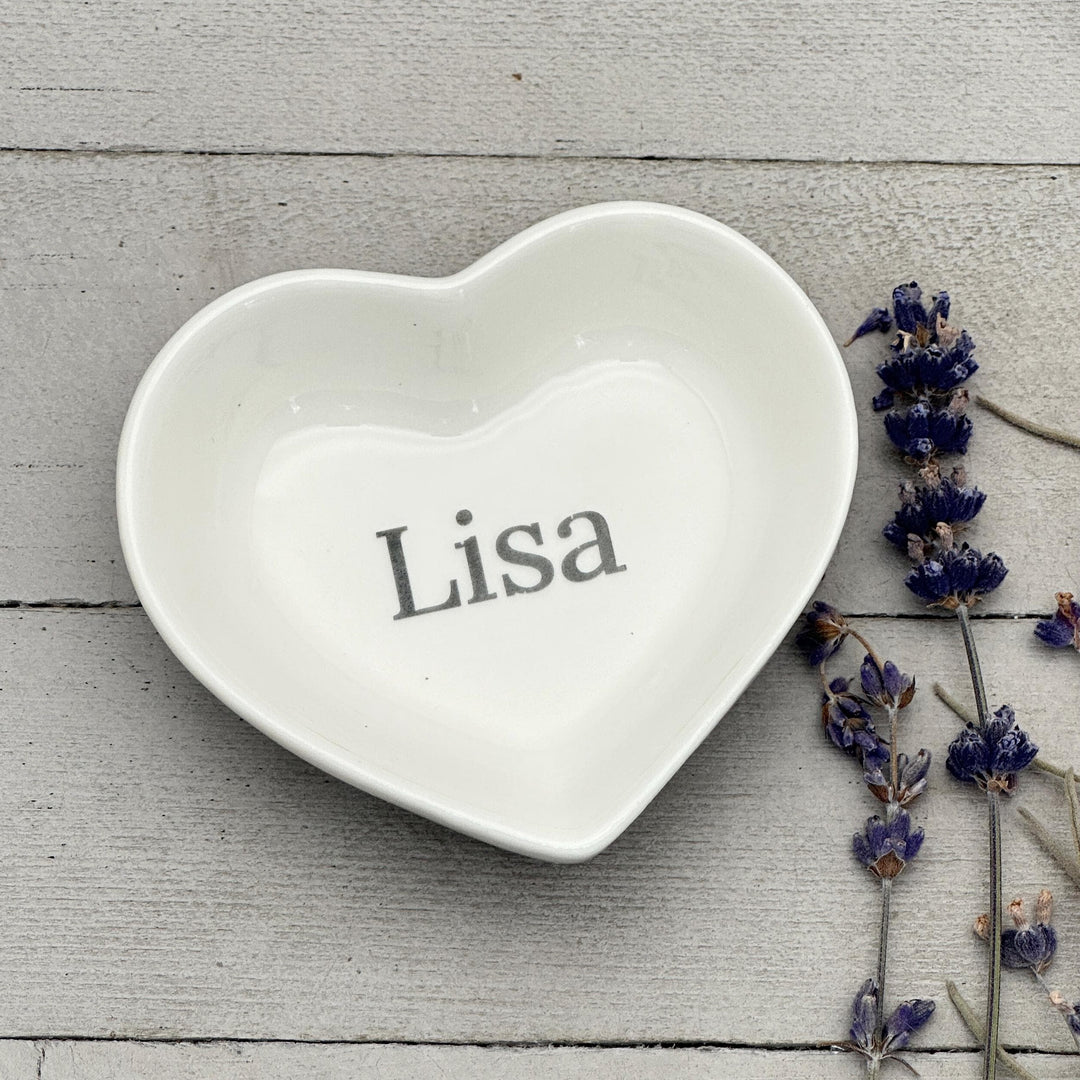 Personalized Heart Ring Dish | Custom Name Saying | Engraved Ceramic Jewelry Trinket Tray | Ring Holder Gift for Her - SunlightSilver