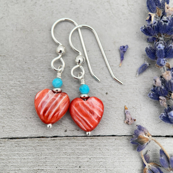 Red Spiny Oyster Heart Earrings | Sterling Silver with Turquoise | Handmade Heart Jewelry - SunlightSilver