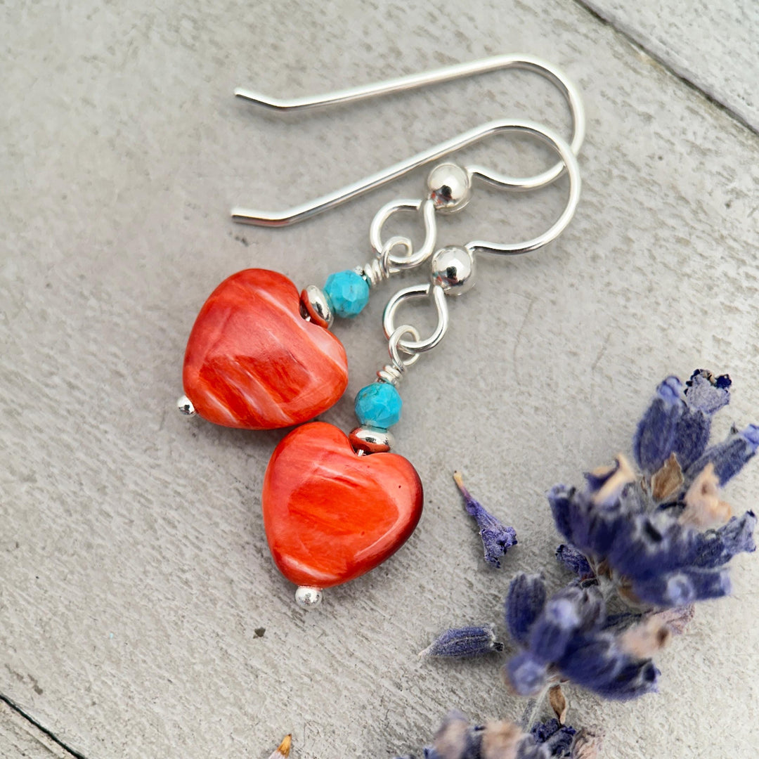 Red Spiny Oyster Heart Earrings | Sterling Silver with Turquoise | Handmade Heart Jewelry - SunlightSilver