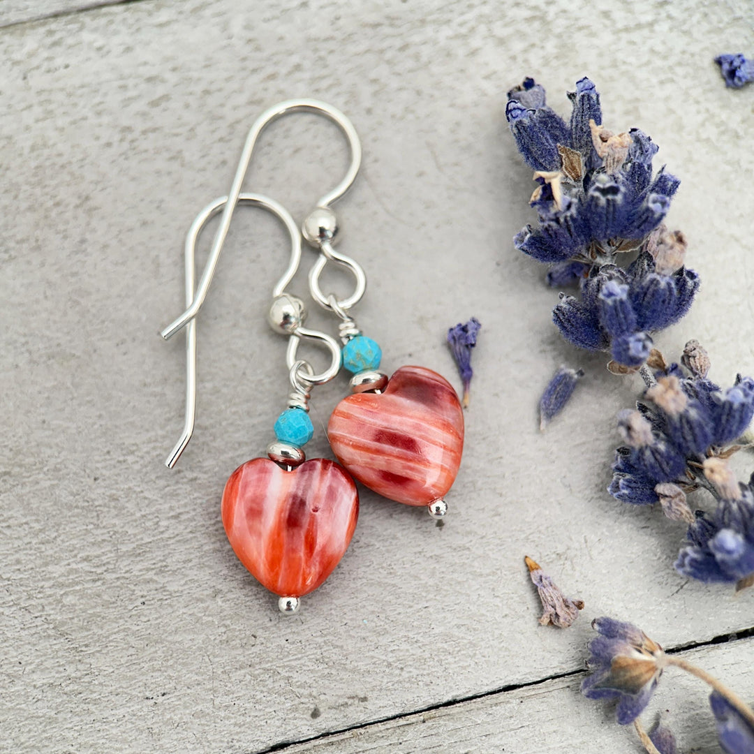 Red Spiny Oyster Heart Earrings | Sterling Silver with Turquoise | Handmade Heart Jewelry - SunlightSilver