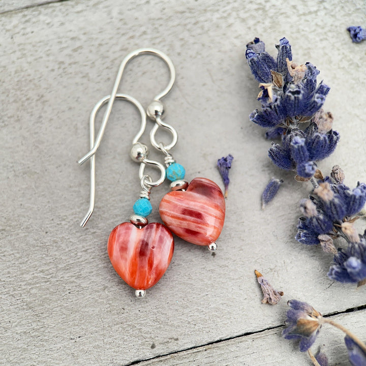 Red Spiny Oyster Heart Earrings | Sterling Silver with Turquoise | Handmade Heart Jewelry - SunlightSilver