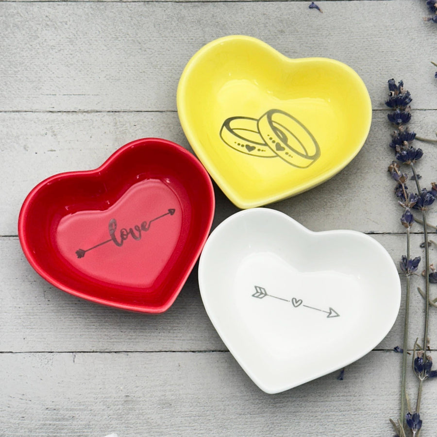 Ceramic Heart Ring Dish | Choose from: 40 Designs, 6 Colors | Engraved Jewelry Trinket Coin Tray | Ring Holder Gift for Him Her - SunlightSilver