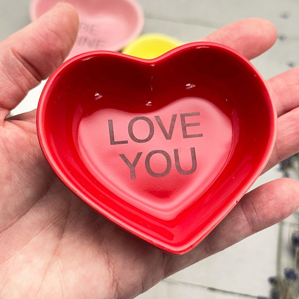 Valentine Conversation Heart Ring Dish | Engraved Jewelry Trinket Tray | Gift for Her | Galentine's Day | 6 Designs, 6 Colors to Choose From - SunlightSilver