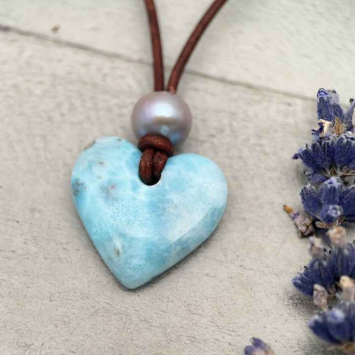 Blue Larimar Heart Necklace | Caribbean Gemstone | Leather & Pearl Jewelry - SunlightSilver