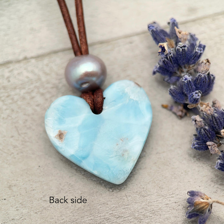 Blue Larimar Heart Necklace | Caribbean Gemstone | Leather & Pearl Jewelry - SunlightSilver