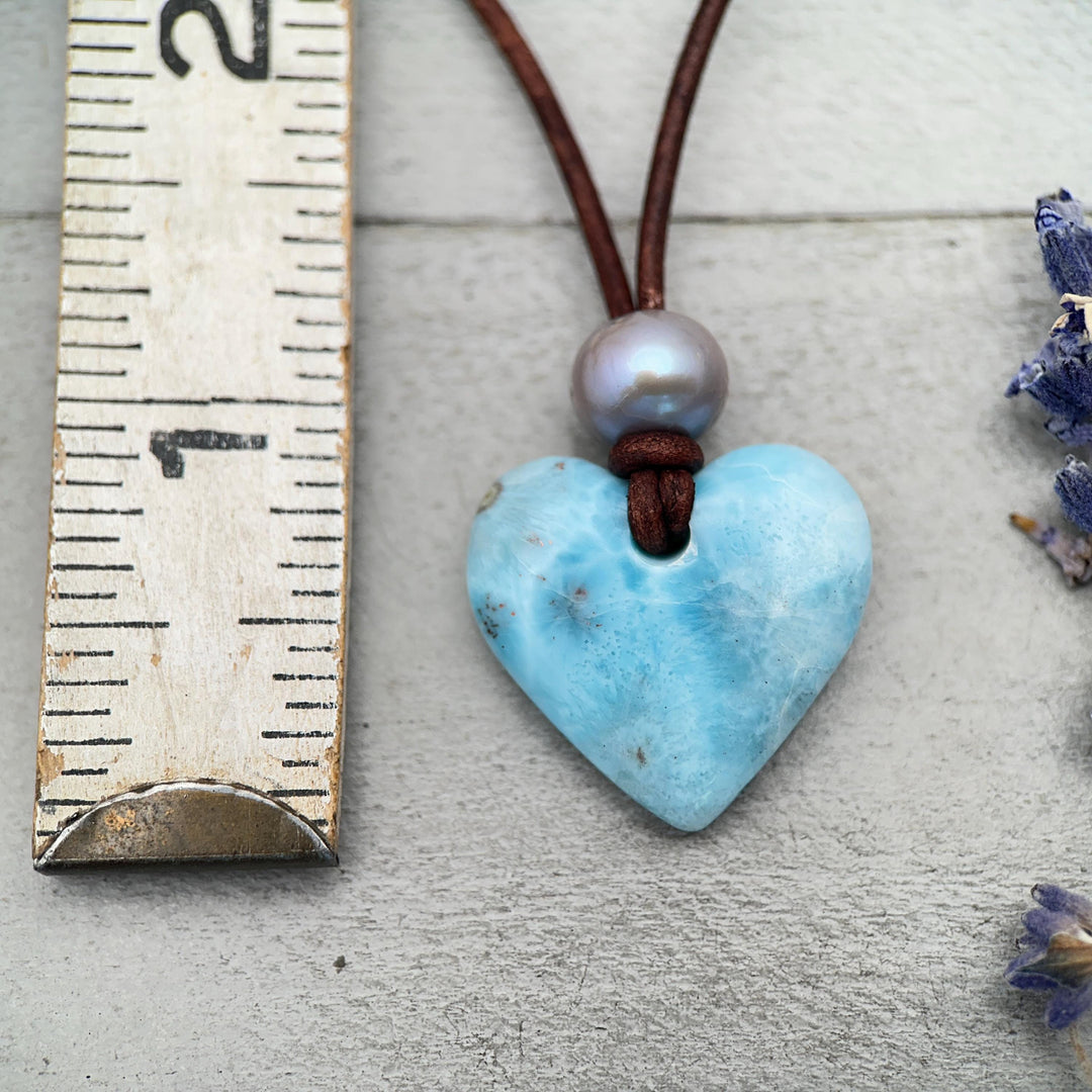 Blue Larimar Heart Necklace | Caribbean Gemstone | Leather & Pearl Jewelry - SunlightSilver
