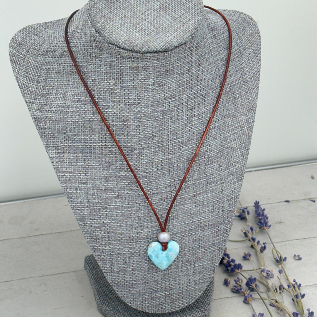 Blue Larimar Heart Necklace | Caribbean Gemstone | Leather & Pearl Jewelry - SunlightSilver