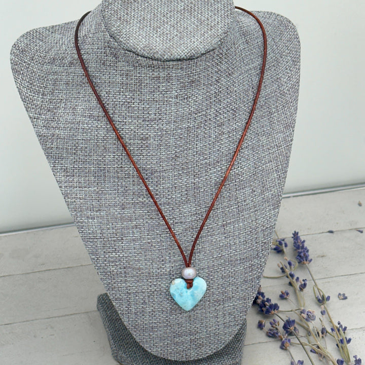 Blue Larimar Heart Necklace | Caribbean Gemstone | Leather & Pearl Jewelry - SunlightSilver