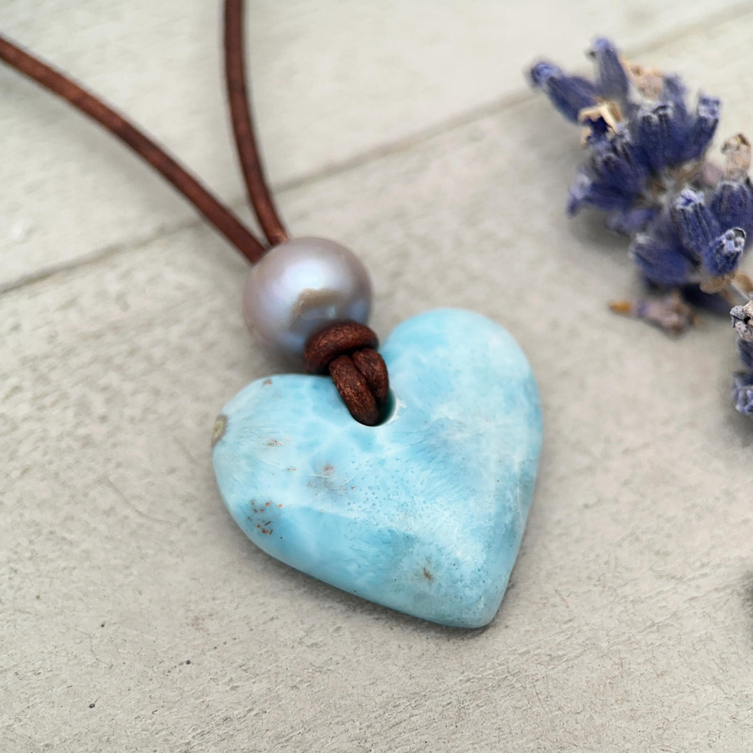 Blue Larimar Heart Necklace | Caribbean Gemstone | Leather & Pearl Jewelry - SunlightSilver