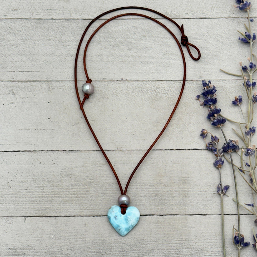 Blue Larimar Heart Necklace | Caribbean Gemstone | Leather & Pearl Jewelry - SunlightSilver
