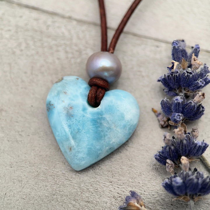 Blue Larimar Heart Necklace | Caribbean Gemstone | Leather & Pearl Jewelry - SunlightSilver