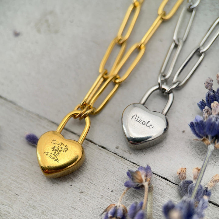 Personalized Heart Lock Necklace • Engraved Padlock Charm • Stainless Steel Love Lock • Custom Name or Date • Anniversary Gift - SunlightSilver