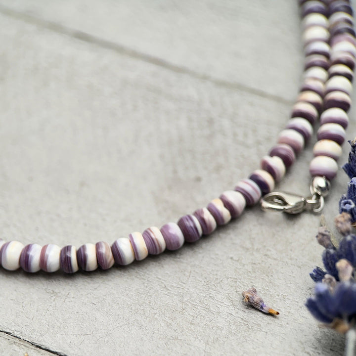 Wampum Shell Necklace • White & Purple Beaded • Sterling Silver • Coastal Shell Jewelry • Minimal Layering Necklace - SunlightSilver