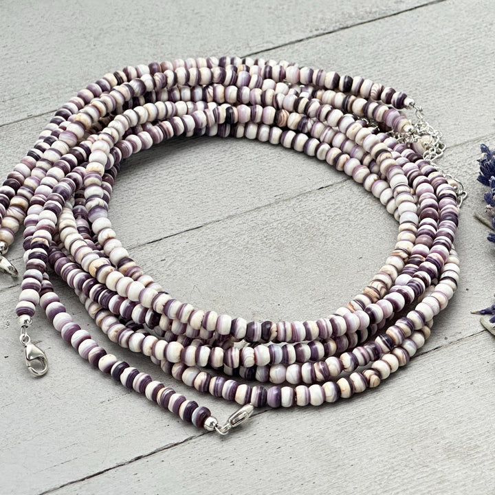 Wampum Shell Necklace • White & Purple Beaded • Sterling Silver • Coastal Shell Jewelry • Minimal Layering Necklace - SunlightSilver