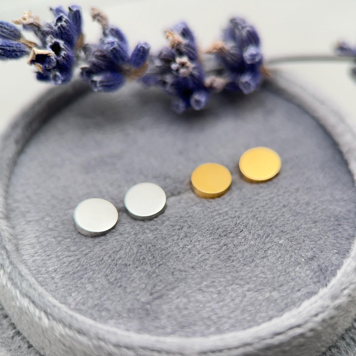 4mm Circle Stud Minimal Earrings • Stainless Steel Studs • Silver or 18k Gold PVD • Optional Engraving or Personalization - SunlightSilver