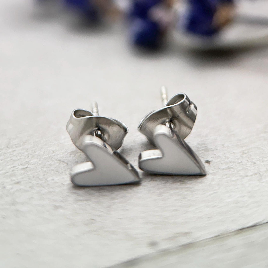 White Enamel Heart Stud Earrings • Stainless Steel Silver Tone • Minimalist Cute Everyday • Jewelry Gift - SunlightSilver