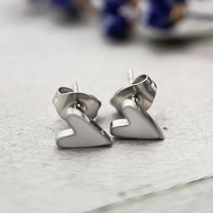 White Enamel Heart Stud Earrings • Stainless Steel Silver Tone • Minimalist Cute Everyday • Jewelry Gift - SunlightSilver