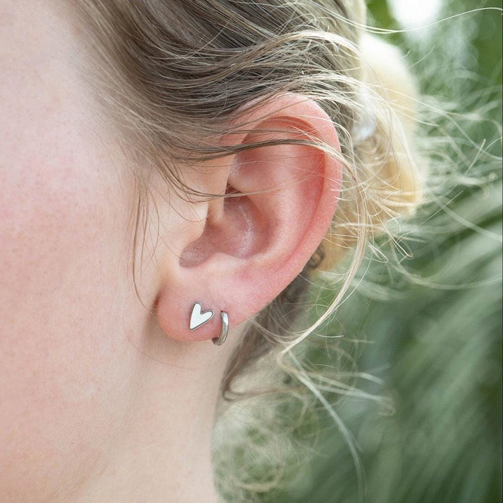 White Enamel Heart Stud Earrings • Stainless Steel Silver Tone • Minimalist Cute Everyday • Jewelry Gift - SunlightSilver
