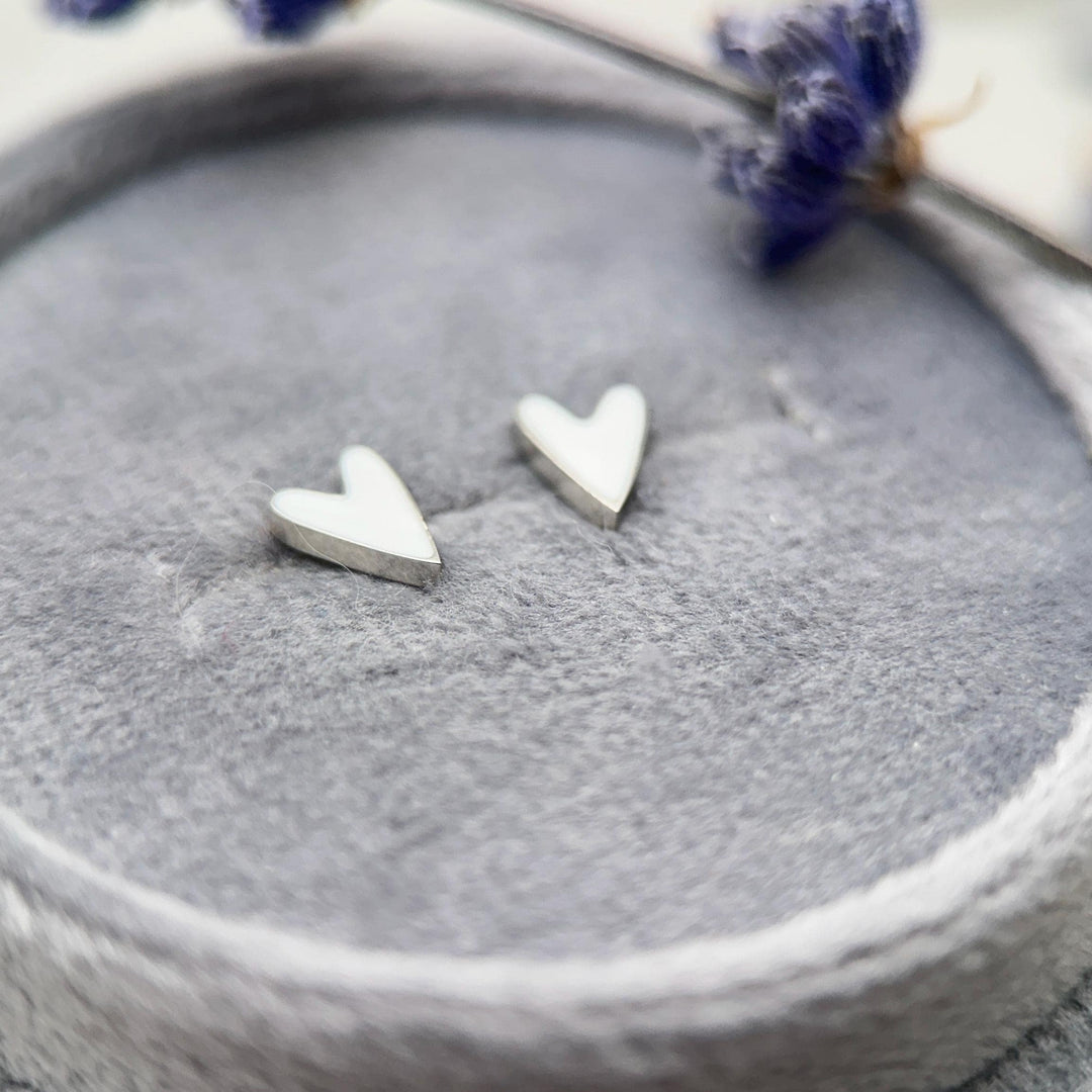 White Enamel Heart Stud Earrings • Stainless Steel Silver Tone • Minimalist Cute Everyday • Jewelry Gift - SunlightSilver