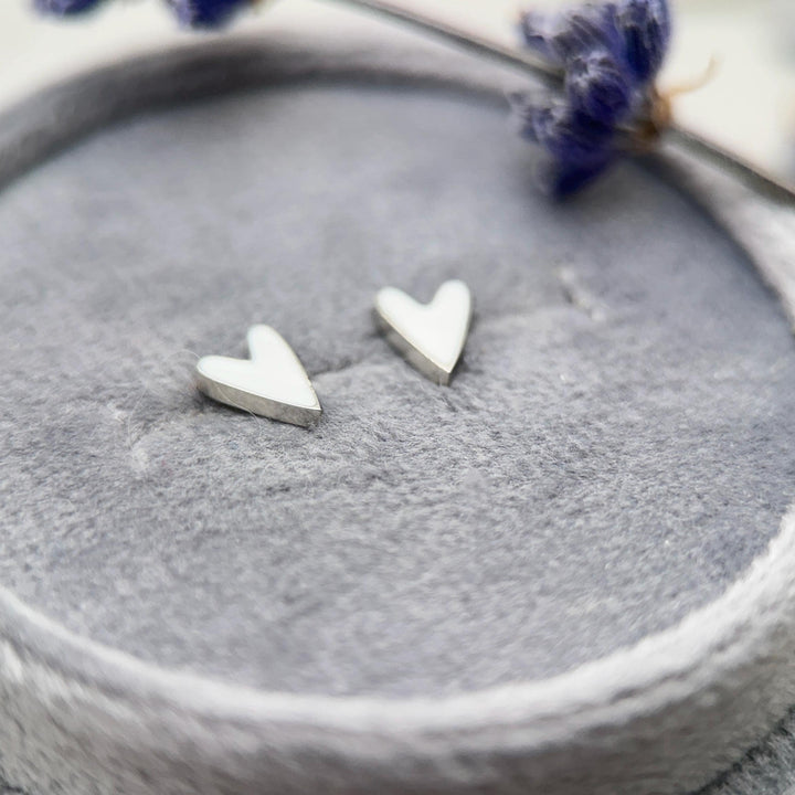 White Enamel Heart Stud Earrings • Stainless Steel Silver Tone • Minimalist Cute Everyday • Jewelry Gift - SunlightSilver