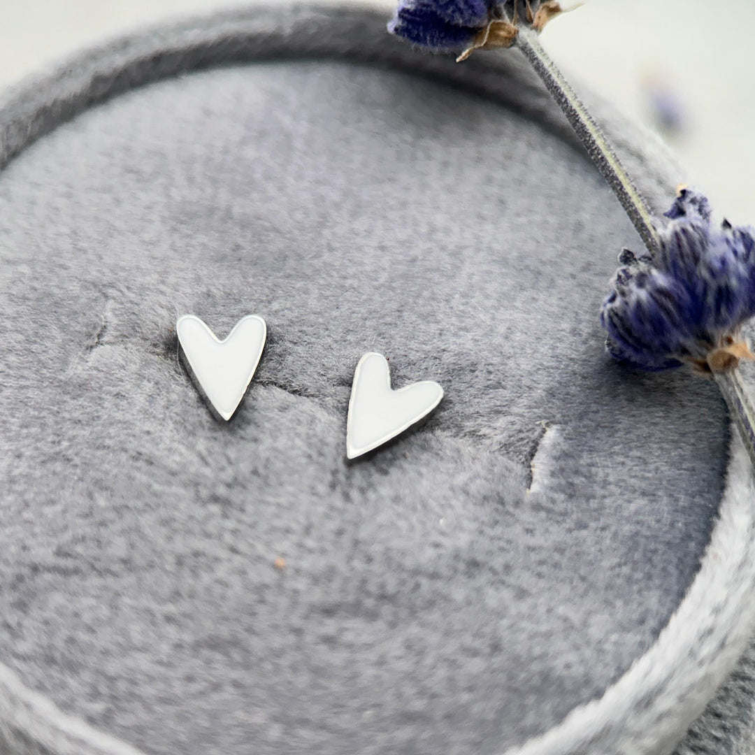 White Enamel Heart Stud Earrings • Stainless Steel Silver Tone • Minimalist Cute Everyday • Jewelry Gift - SunlightSilver
