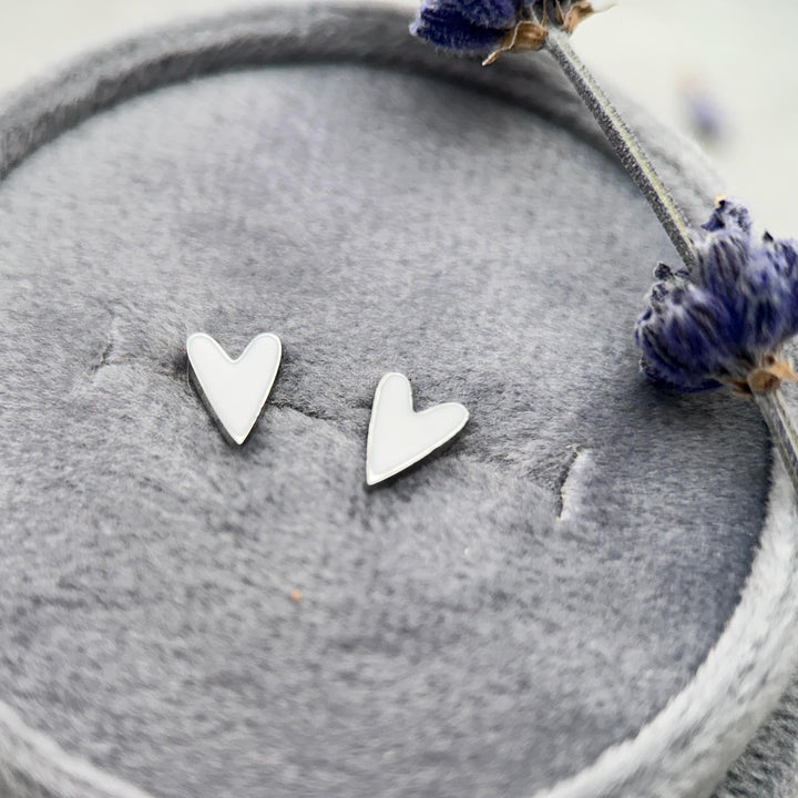 White Enamel Heart Stud Earrings • Stainless Steel Silver Tone • Minimalist Cute Everyday • Jewelry Gift - SunlightSilver
