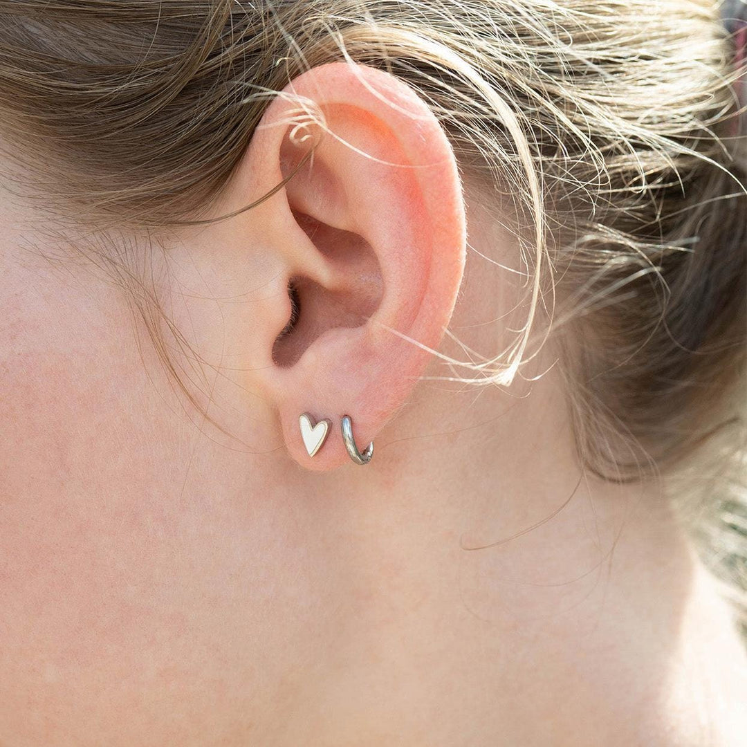 White Enamel Heart Stud Earrings • Stainless Steel Silver Tone • Minimalist Cute Everyday • Jewelry Gift - SunlightSilver