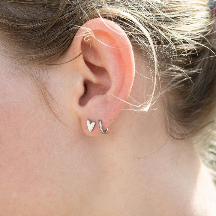 White Enamel Heart Stud Earrings • Stainless Steel Silver Tone • Minimalist Cute Everyday • Jewelry Gift - SunlightSilver