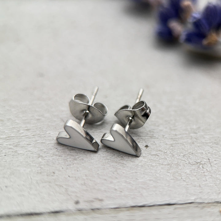 White Enamel Heart Stud Earrings • Stainless Steel Silver Tone • Minimalist Cute Everyday • Jewelry Gift - SunlightSilver
