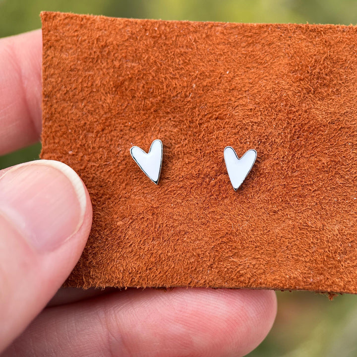White Enamel Heart Stud Earrings • Stainless Steel Silver Tone • Minimalist Cute Everyday • Jewelry Gift - SunlightSilver
