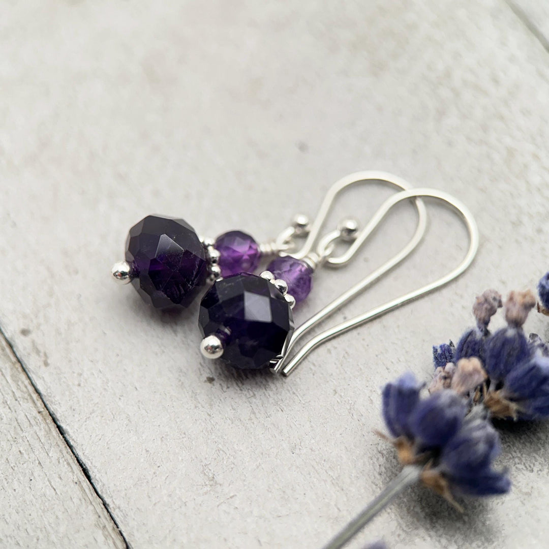 Amethyst Sterling Silver Earrings • Faceted Purple Gemstone Dangle Jewelry • February Birthstone - SunlightSilver