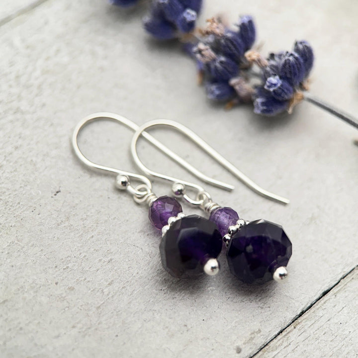 Amethyst Sterling Silver Earrings • Faceted Purple Gemstone Dangle Jewelry • February Birthstone - SunlightSilver