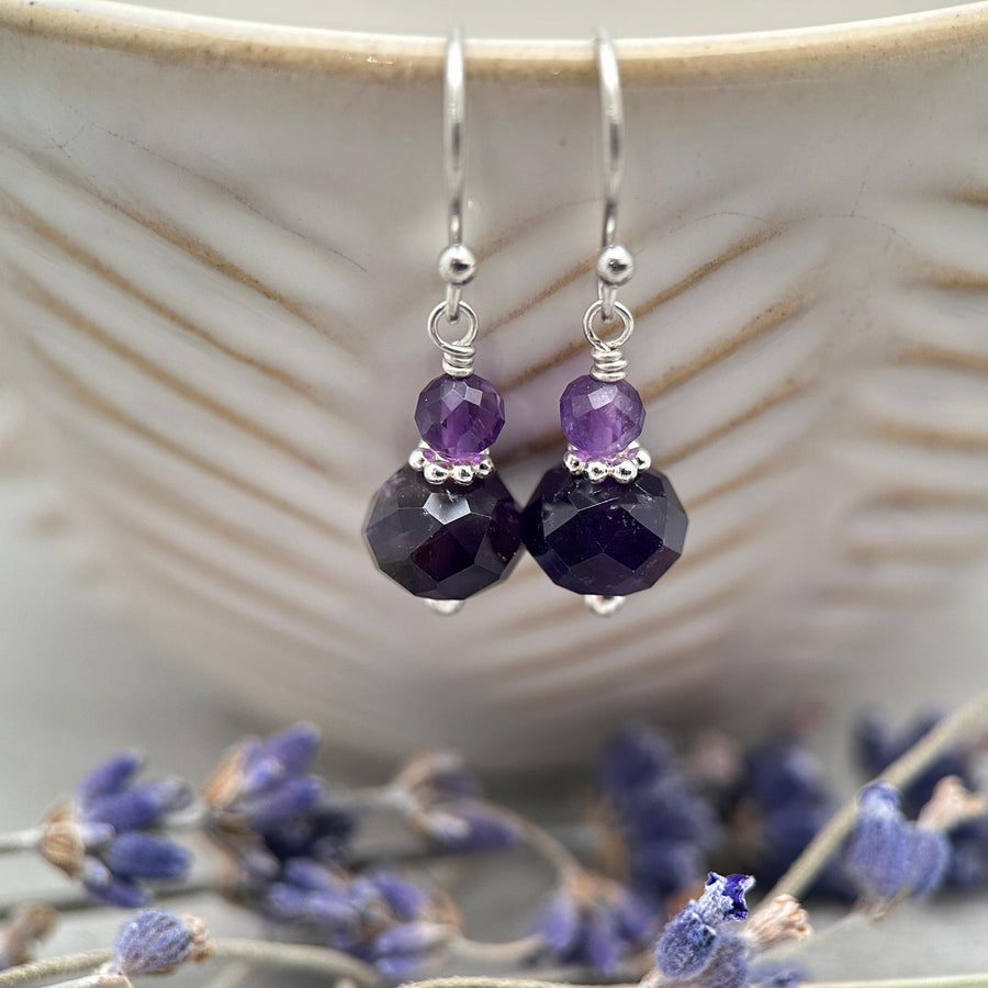Amethyst Sterling Silver Earrings • Faceted Purple Gemstone Dangle Jewelry • February Birthstone - SunlightSilver