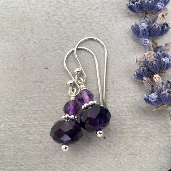 Amethyst Sterling Silver Earrings • Faceted Purple Gemstone Dangle Jewelry • February Birthstone - SunlightSilver