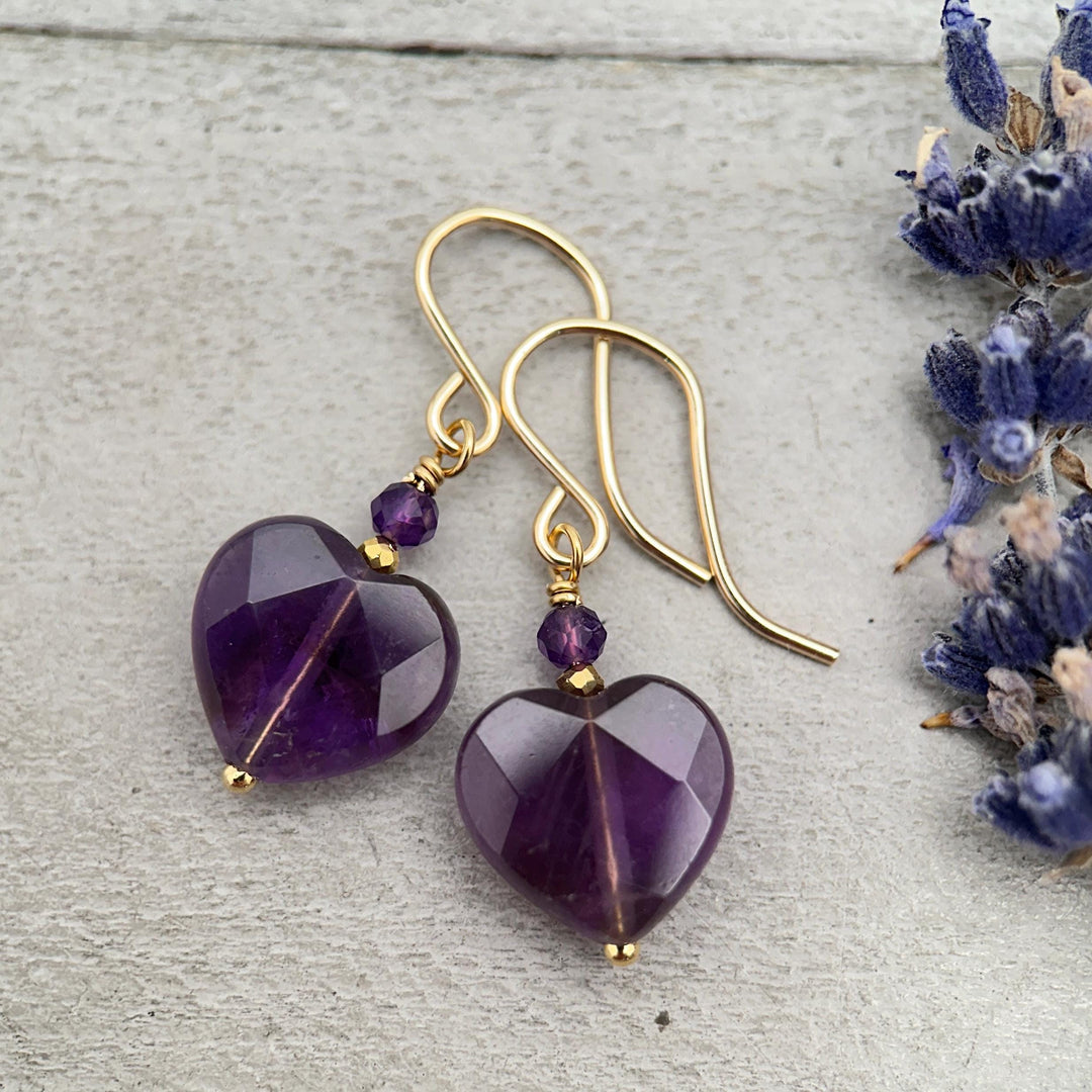 Amethyst Heart Earrings • Sterling Silver or 14k Gold Fill • Faceted Purple Gemstone Dangles • February Birthstone Jewelry - SunlightSilver