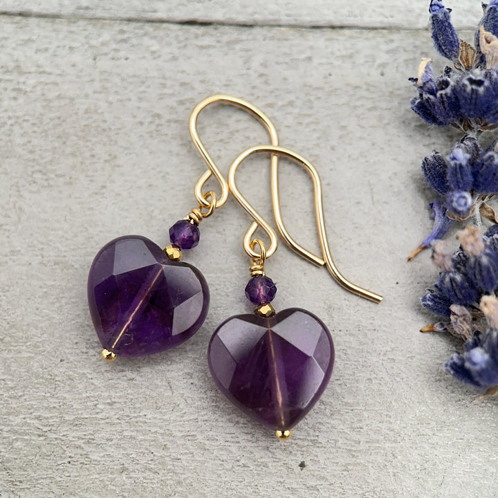 Amethyst Heart Earrings • Sterling Silver or 14k Gold Fill • Faceted Purple Gemstone Dangles • February Birthstone Jewelry - SunlightSilver
