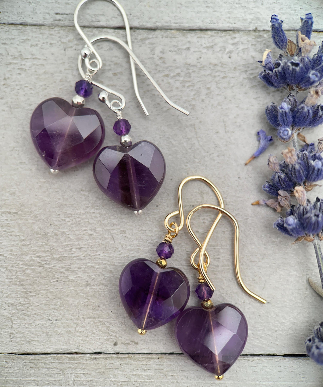 Amethyst Heart Earrings • Sterling Silver or 14k Gold Fill • Faceted Purple Gemstone Dangles • February Birthstone Jewelry - SunlightSilver