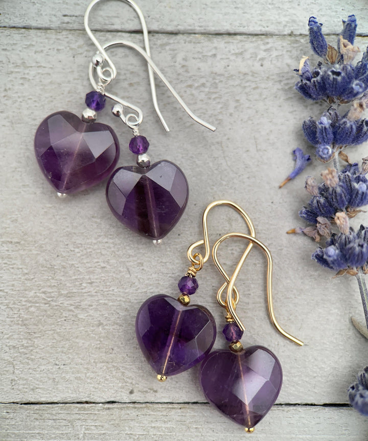 Amethyst Heart Earrings • Sterling Silver or 14k Gold Fill • Faceted Purple Gemstone Dangles • February Birthstone Jewelry - SunlightSilver